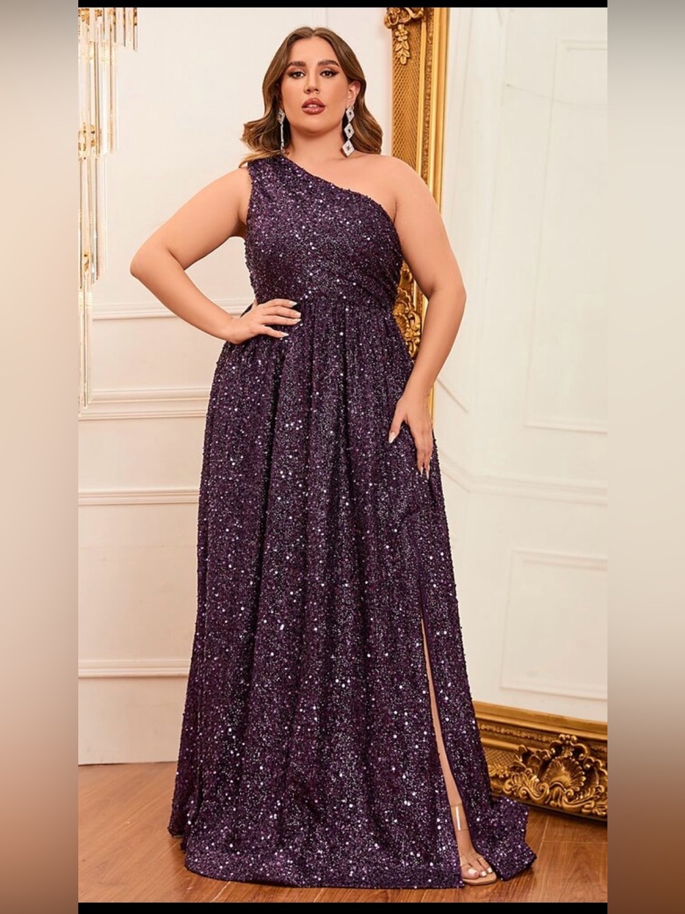 SHEIN One-Shoulder Sequin Gown in Deep Purple
